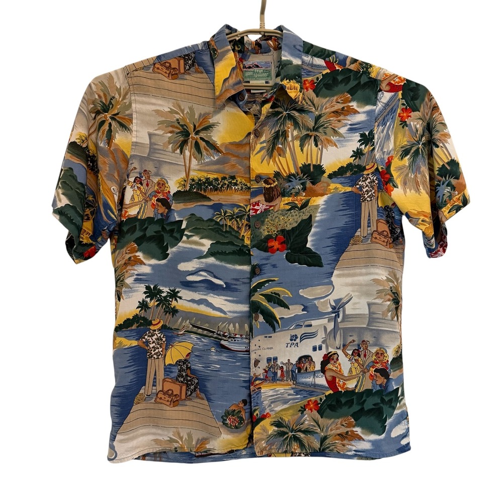 Reyn Spooner Mens VTG Honolulu Clipper  Aviation Hawaiian Shirt Medium Rayon USA